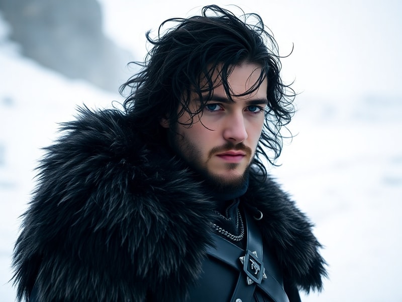 A cinematic shot of Jon Snow (Kit Harington) standing on the battlements of Castle Black, clad in black fur and armor, with a