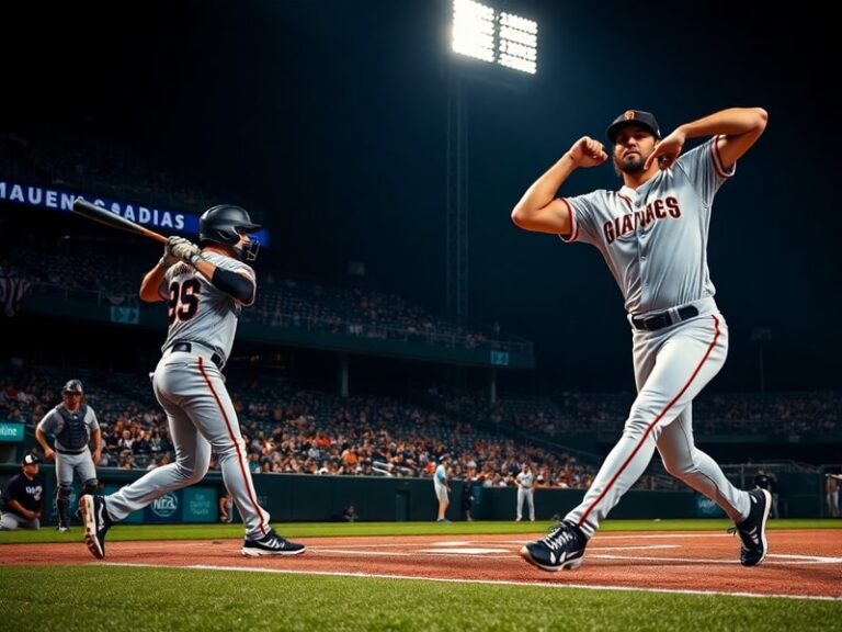 A split-screen image showing a Marlins power hitter mid-swing on the left and a Giants pitcher in mid-delivery on the right,