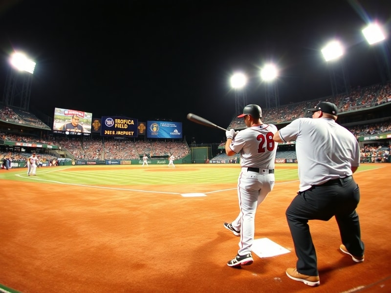 A split-screen image showing a Nationals batter mid-swing against a Rays pitcher on the mound at Tropicana Field, with the st