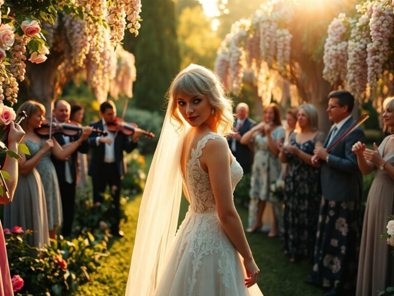 An elegant outdoor wedding ceremony at a private Rhode Island estate, bathed in golden evening light, with guests in formal a