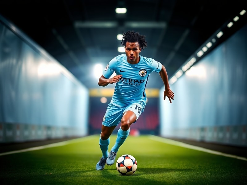 Leroy Sané in action for Bayern Munich, sprinting down the right flank with the Allianz Arena in the background, wearing the