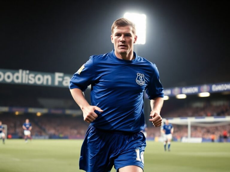 A dynamic action shot of Duncan Ferguson in his Everton kit, mid-header with a fierce expression, defenders in the background