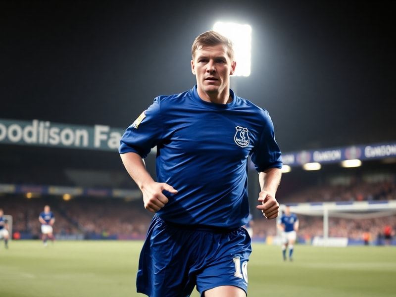 A dynamic action shot of Duncan Ferguson in his Everton kit, mid-header with a fierce expression, defenders in the background