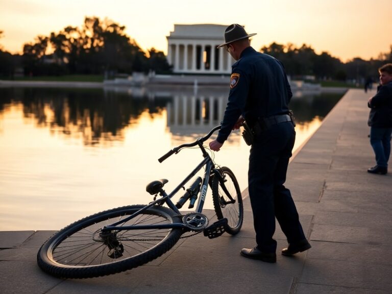 A wide-angle shot of the Lincoln Memorial Reflecting Pool at dawn, with police officers detaining a drenched cyclist near the