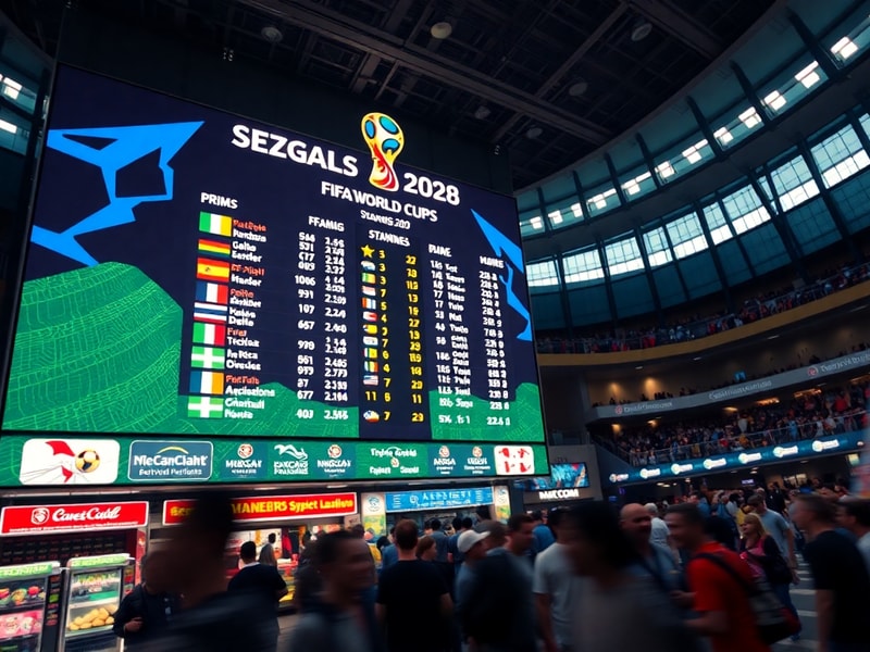 A panoramic shot of a packed stadium in 2026, with the U.S. flag and Mexican fans visible, players on the field, and digital