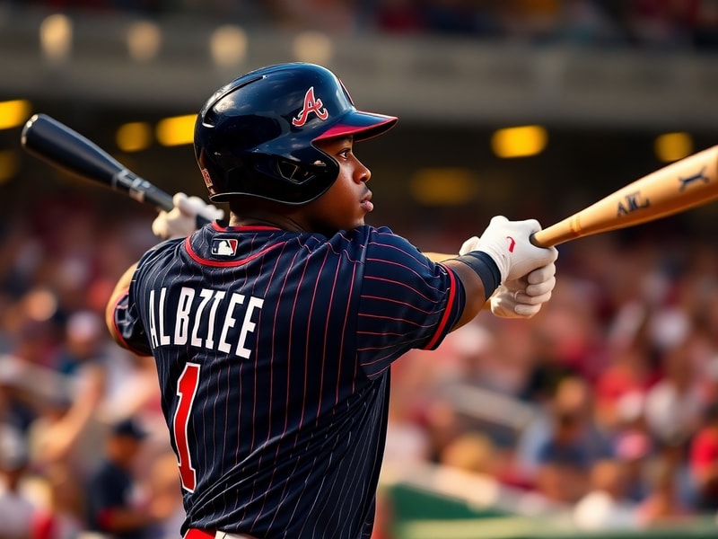 A dynamic action shot of Ozzie Albies in a Braves uniform, mid-swing at Truist Park with fans blurred in the background, capt