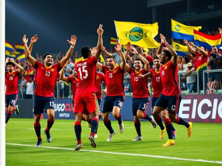 A dynamic action shot of Ecuador’s national team in blue and white jerseys, playing in a World Cup match with fans in the bac