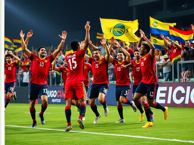 A dynamic action shot of Ecuador’s national team in blue and white jerseys, playing in a World Cup match with fans in the bac
