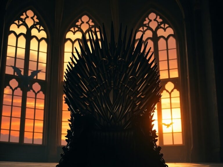 A cinematic shot of the Iron Throne set against Dragonstone’s fiery cliffs, with a dragon soaring in the stormy sky—mood: epi