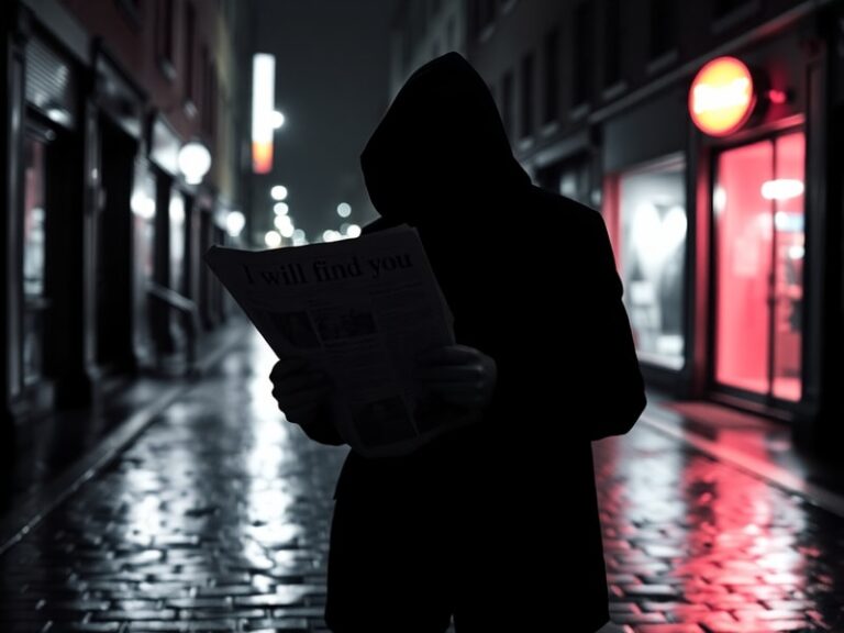 A dimly lit, moody cityscape at night with a lone figure holding an envelope, symbolizing the anonymous threat in Harlan Cobe