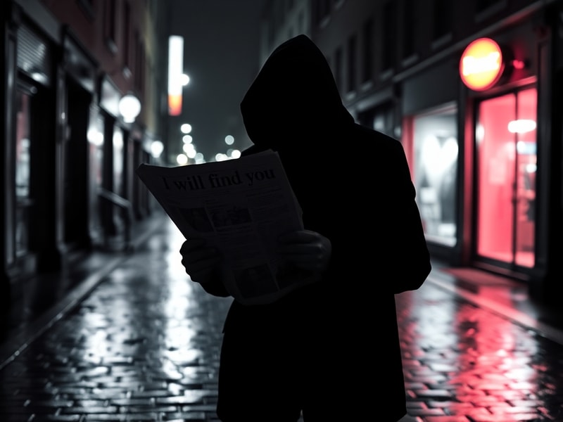 A dimly lit, moody cityscape at night with a lone figure holding an envelope, symbolizing the anonymous threat in Harlan Cobe