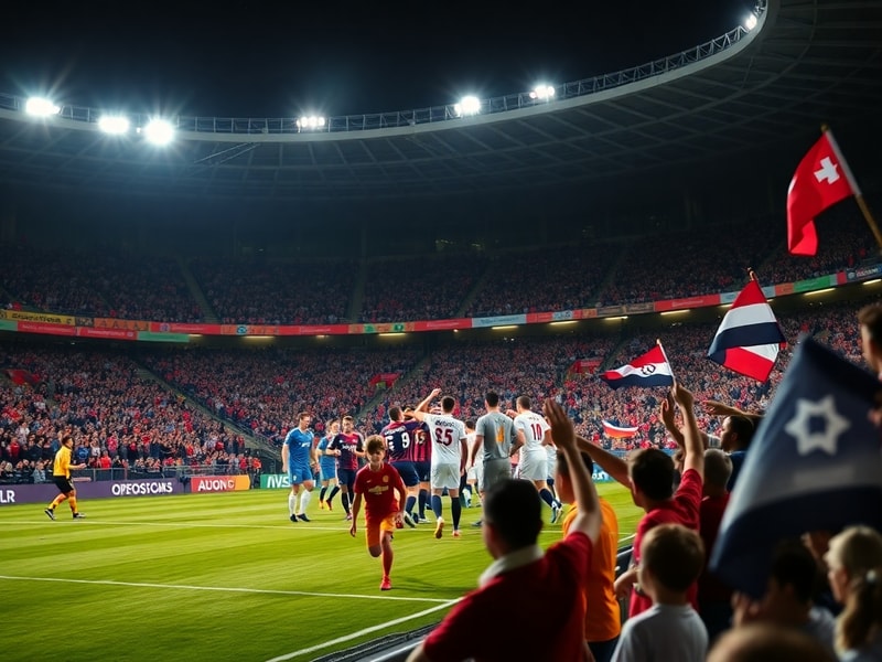 A vibrant stadium packed with fans draped in diverse national colors, capturing the energy of a World Cup match, with players