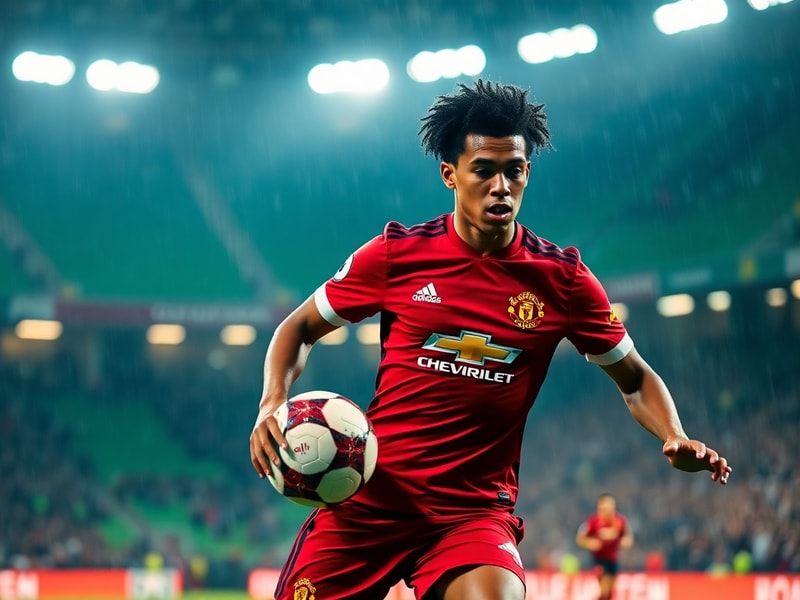 A dynamic action shot of Tahith Chong in a Luton Town kit, mid-dribble on a rain-soaked pitch, with the Kenilworth Road stadi