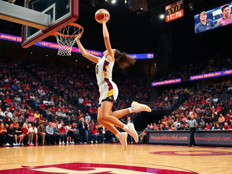 Jessica Shepard mid-game, wearing a Minnesota Lynx jersey, jumping for a rebound against opponents in a packed arena with bri