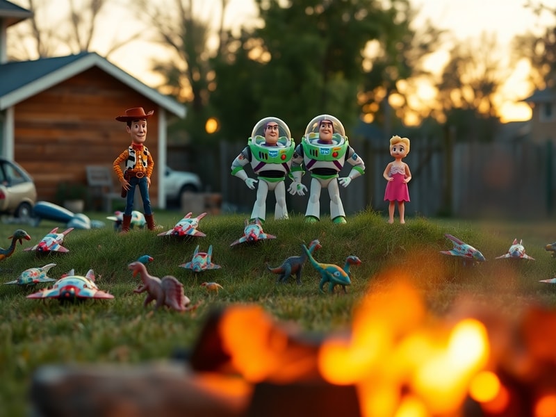 A nostalgic yet futuristic scene of Woody and Buzz standing on a windowsill, with a modern smartphone screen reflecting in th