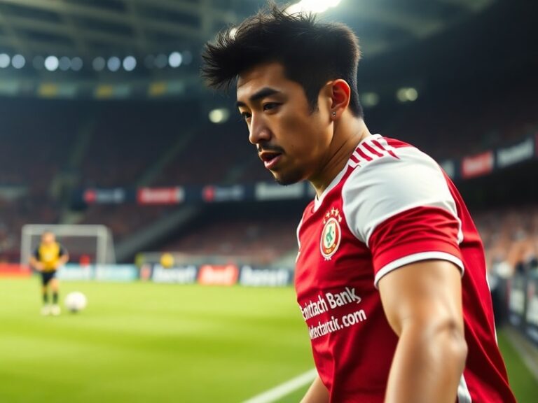 A dynamic action shot of Daichi Kamada in Eintracht Frankfurt's jersey, mid-dribble on a Bundesliga pitch, with blurred defen