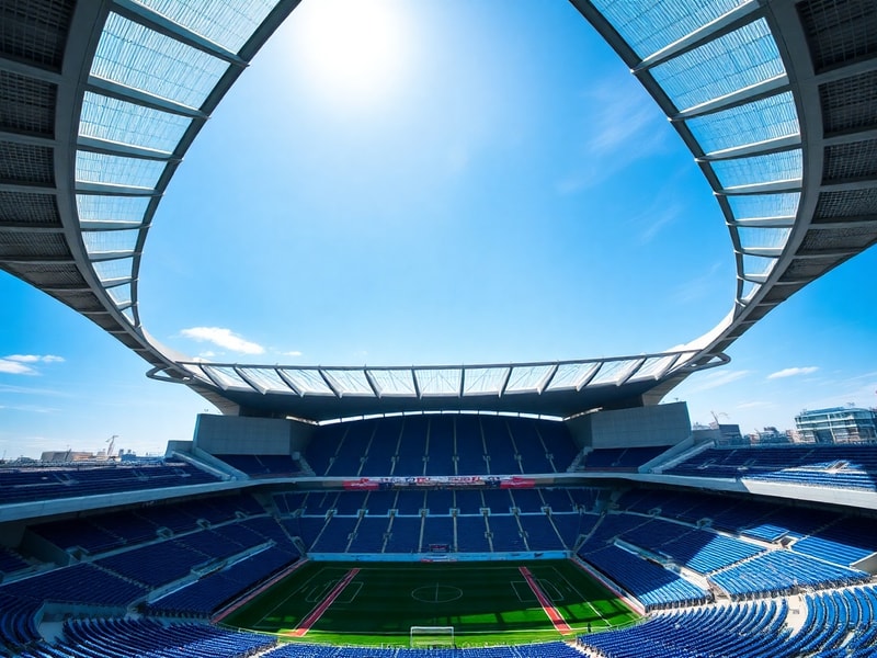 A wide-angle shot of Estadio Monterrey at dusk, showing the illuminated exterior mural and packed stands with fans in Rayados