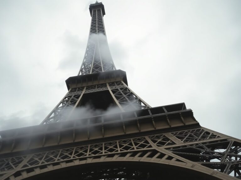 A scenic view of Paris during a light spring rain, with the Eiffel Tower in the background, wet cobblestone streets reflectin