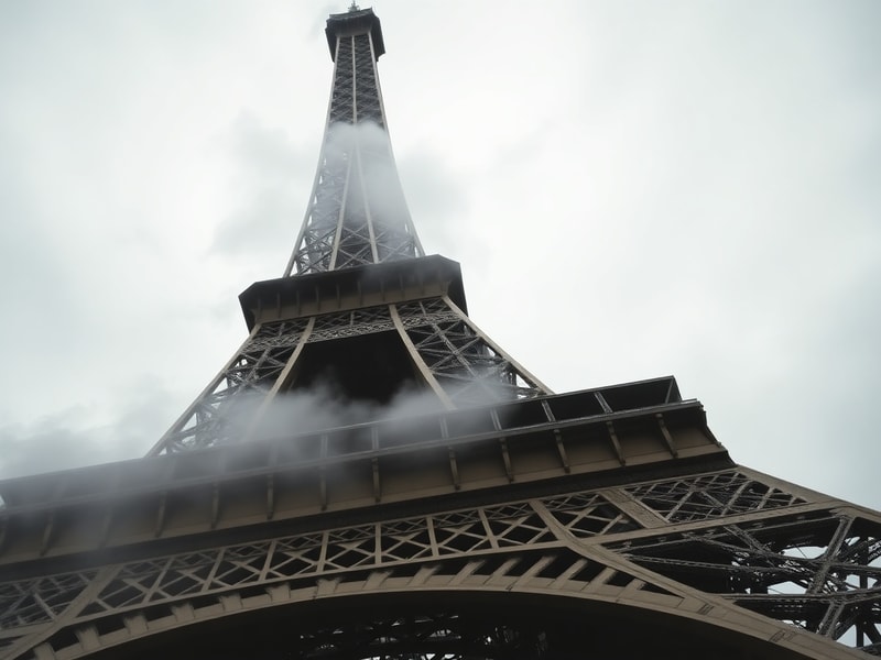 A scenic view of Paris during a light spring rain, with the Eiffel Tower in the background, wet cobblestone streets reflectin