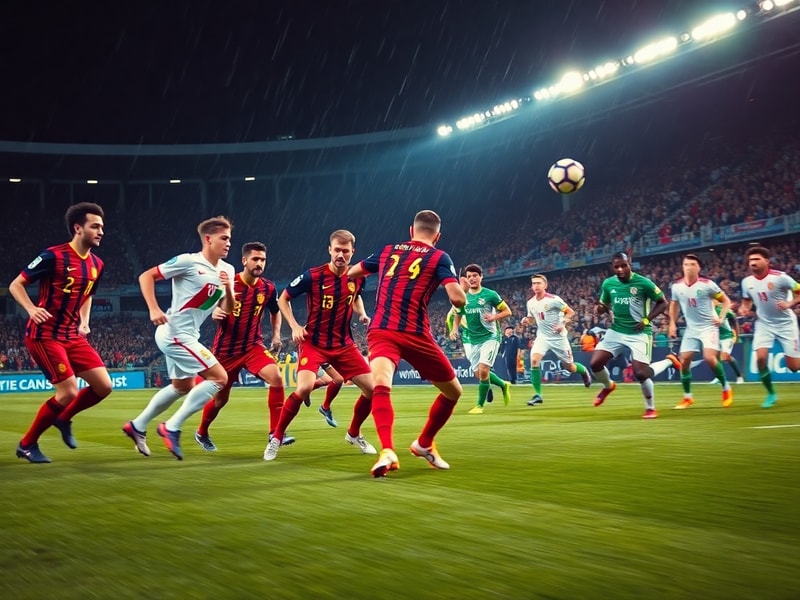 A wide-angle shot of the Belgium vs Iran match at the 2022 FIFA World Cup, showing players in action on the field with fans i