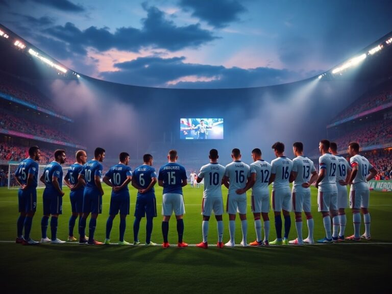 Partido de fútbol entre Túnez y Japón en Qatar 2022. Jugadores en acción sobre un campo iluminado por luces nocturnas, con la