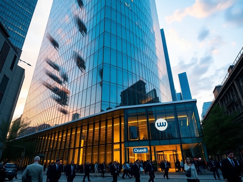A modern urban skyline at dusk with digital overlays representing financial data flows—stock charts, blockchain networks, and
