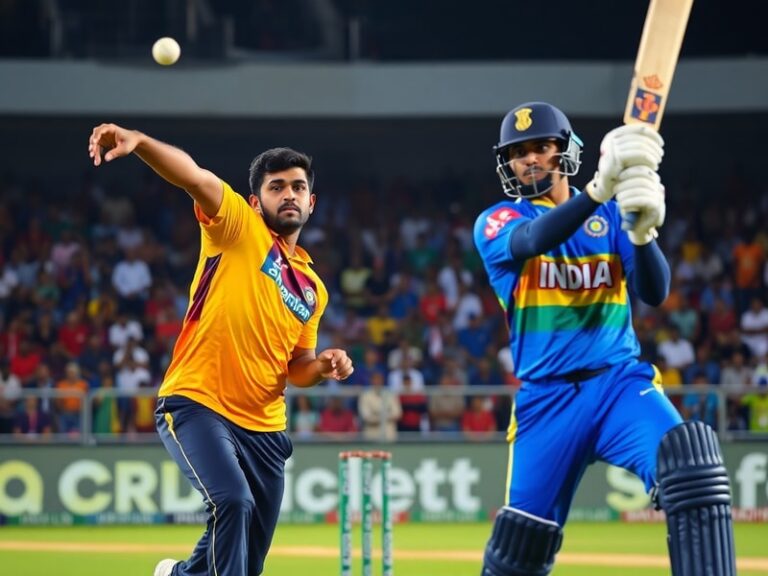 A vibrant cricket stadium scene with young Indian and Sri Lankan players in action, showcasing intensity and competition duri