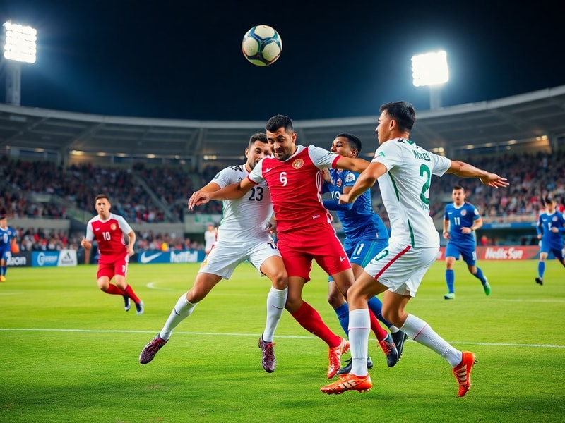 Fotografía de un estadio con jugadores de Túnez y Japón en acción, mostrando un momento de tensión con la pelota en juego, lu