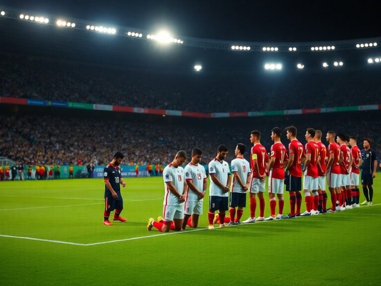 A split-screen image showing Belgium's attacking lineup in red versus Iran's defensive formation in dark green, with players