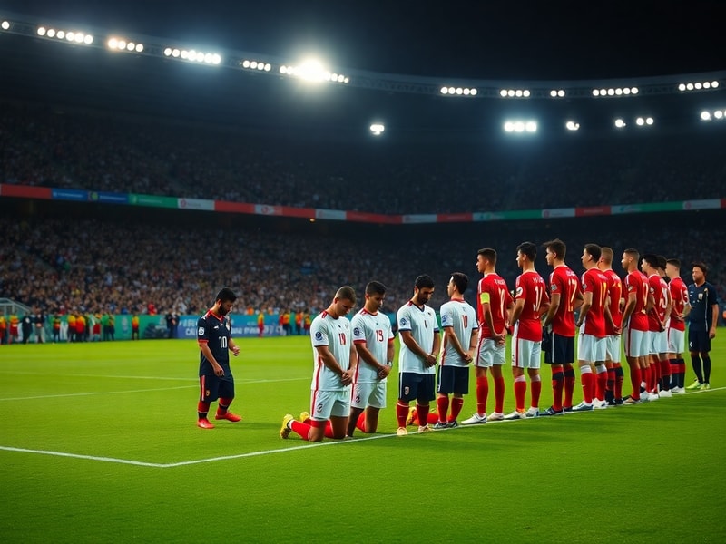 A split-screen image showing Belgium's attacking lineup in red versus Iran's defensive formation in dark green, with players
