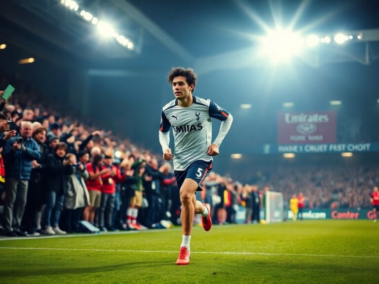 A dynamic action shot of Sandro Tonali in AC Milan's kit, mid-pass with Spurs crest subtly visible in the background, set in