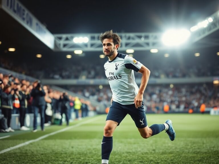A dynamic midfield action shot of Sandro Tonali in Tottenham Hotspur’s kit, wearing the number 8 shirt, mid-pass in a packed