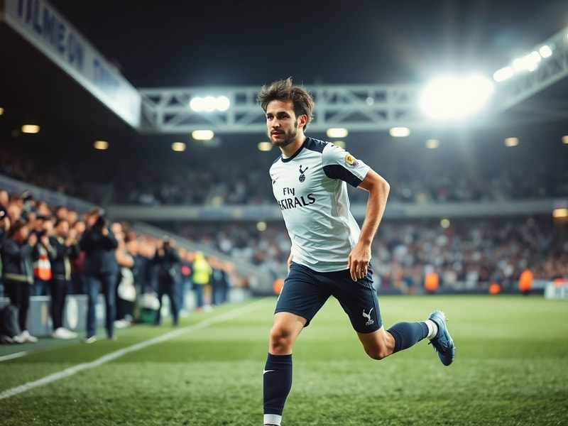 A dynamic midfield action shot of Sandro Tonali in Tottenham Hotspur’s kit, wearing the number 8 shirt, mid-pass in a packed