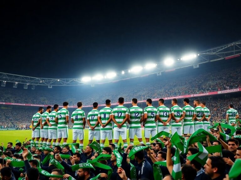 A vibrant stadium scene with Iranian fans waving green flags, players in action on the pitch, and the national emblem glowing