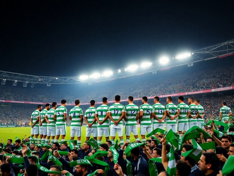A vibrant stadium scene with Iranian fans waving green flags, players in action on the pitch, and the national emblem glowing