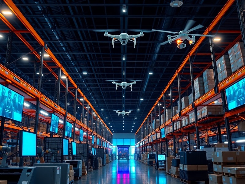 A futuristic urban scene at night: glowing Amazon delivery vans, holographic Prime Day sale signs floating above sidewalks, s