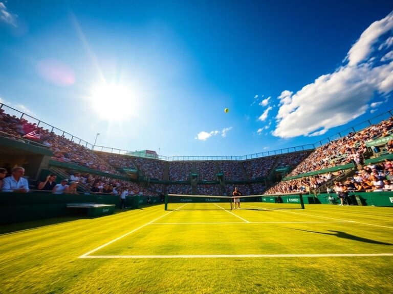 A vibrant shot of the OWL Arena in Halle during a match, with players in action on the green grass court under a clear blue s