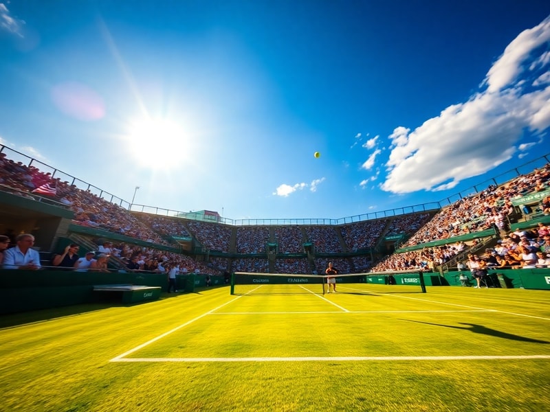 A vibrant shot of the OWL Arena in Halle during a match, with players in action on the green grass court under a clear blue s