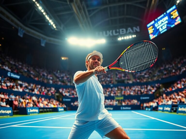 A dynamic mid-match shot of Elias Vasseur serving against Kenji Tanaka on Arthur Ashe Stadium’s blue court under bright light