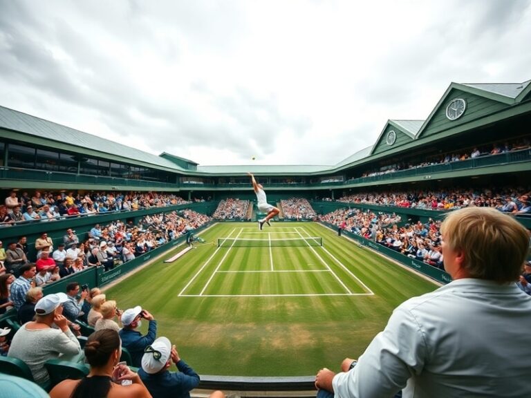 A vibrant aerial shot of Wimbledon’s Centre Court at dusk, with players in action under bright LED lighting, surrounded by lu