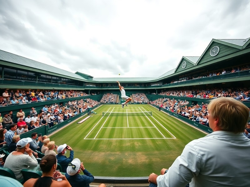 A vibrant aerial shot of Wimbledon’s Centre Court at dusk, with players in action under bright LED lighting, surrounded by lu