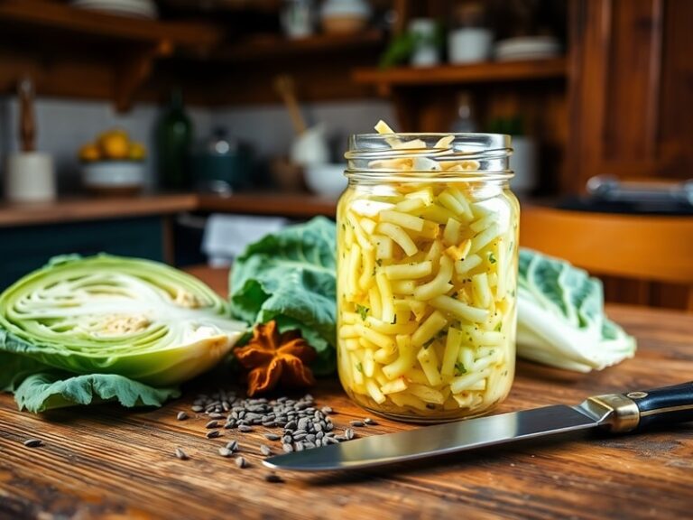A wooden table setting with a bowl of fresh sauerkraut, a fork, and a glass of water, with soft natural lighting highlighting