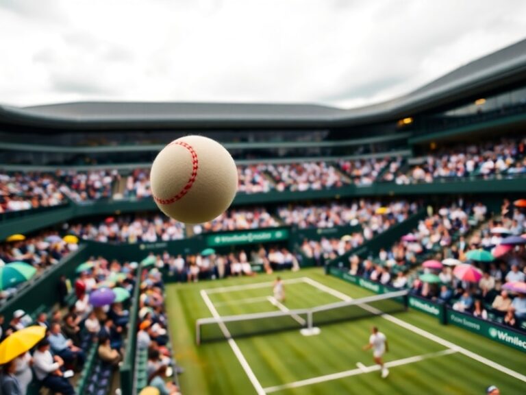 An aerial view of Wimbledon’s Centre Court during a sunny afternoon, showing the iconic green grass, white walls, and a packe