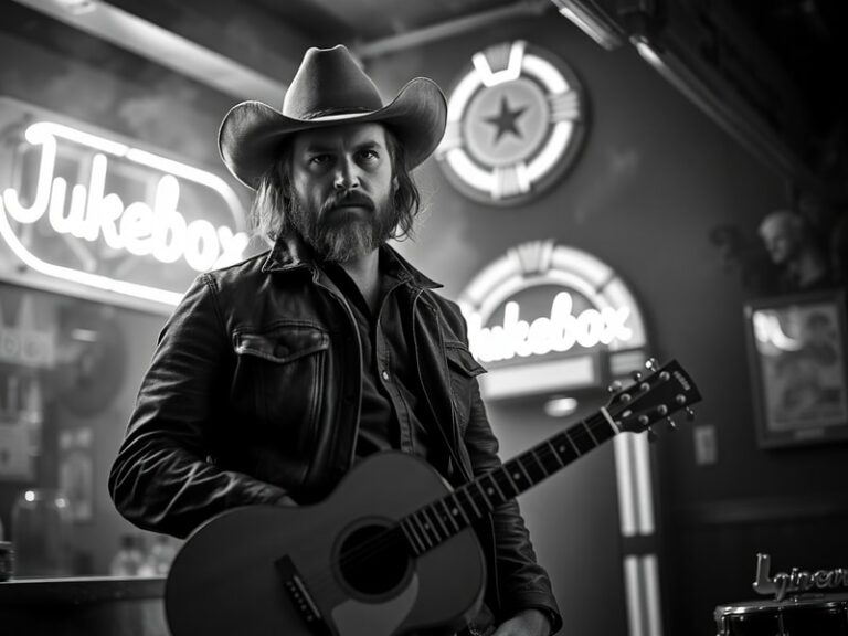 A dynamic live performance shot of Shooter Jennings on stage, wearing a leather jacket and cowboy hat, with a psychedelic lig
