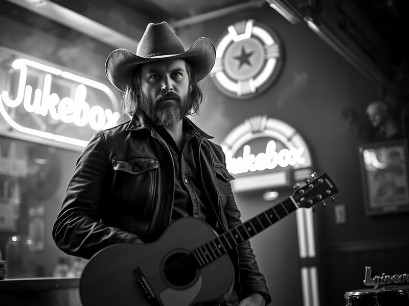 A dynamic live performance shot of Shooter Jennings on stage, wearing a leather jacket and cowboy hat, with a psychedelic lig