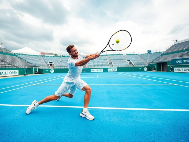 A vibrant scene at the Halle Open with a player mid-serve on a fast grass court, surrounded by a roaring German crowd in sunn