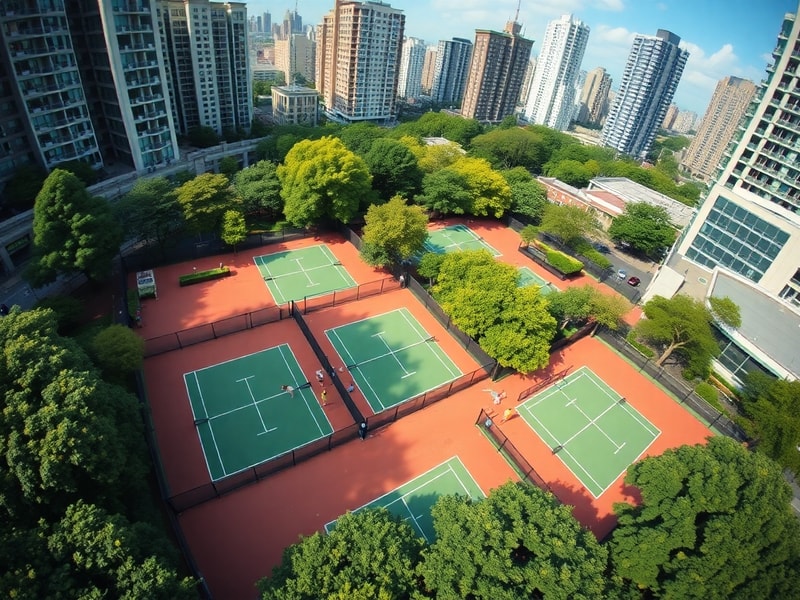 A vibrant aerial shot of Queen’s Club in West Kensington, London, showing its iconic grass courts surrounded by historic buil