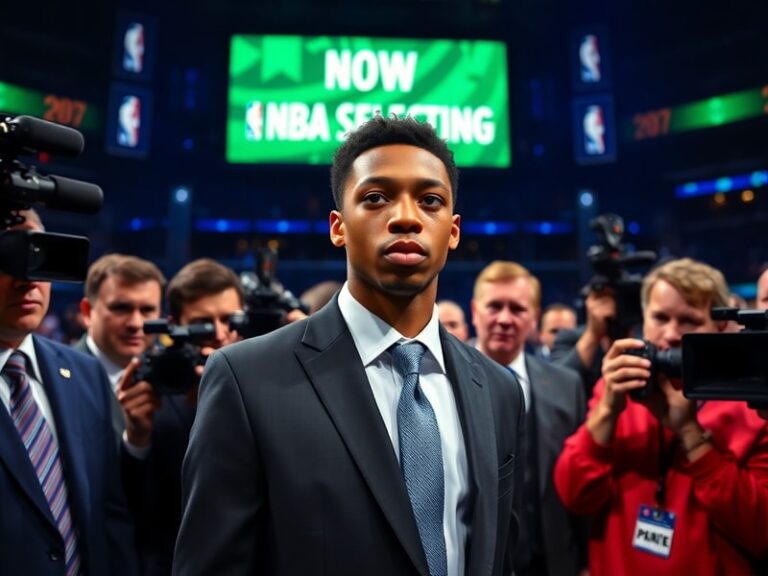 A high-energy NBA Draft night scene at Barclays Center, featuring a player in a drafted jersey shaking hands with commissione