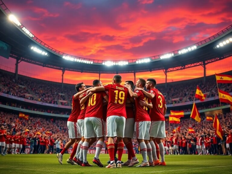 A dynamic mid-game shot from La Liga or Spain national team featuring players in red or blue, mid-pass, with a blurred stadiu