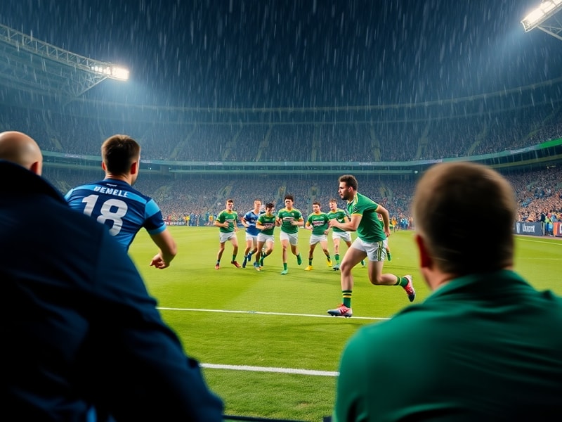 A tense moment from a Dublin vs Donegal match at Croke Park, with players in blue and white versus green and gold, under floo